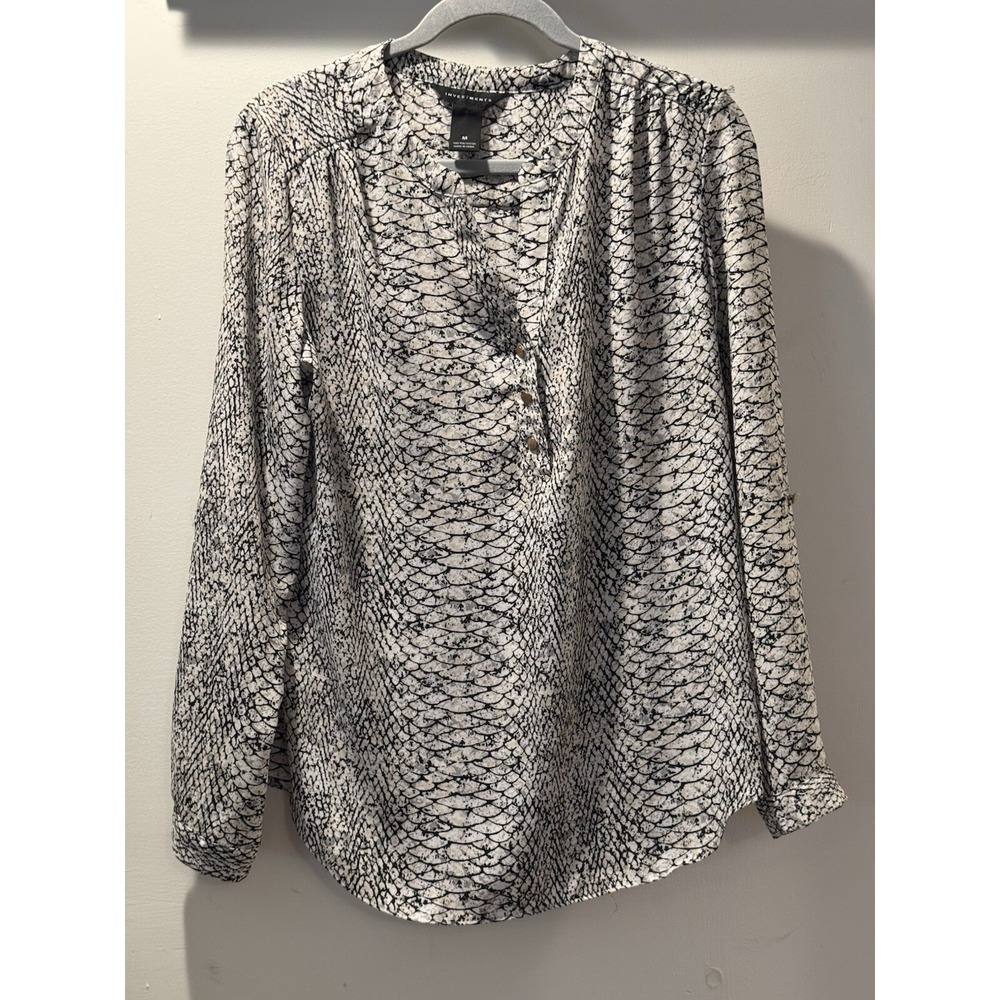Investments Womens Snake Print V-Neck Blouse Long Sleeve Black Gray White Medium